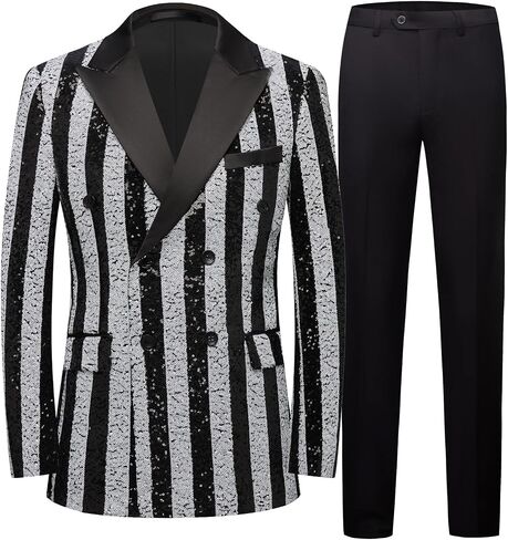 Men's Striped Sequin Double-Breasted Suit Set Tuxedo Jacket & Pants for Wedding, Prom in Saudi Arabia