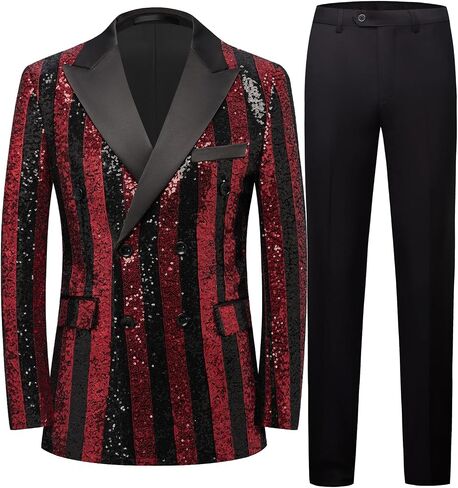 Men's Striped Sequin Double-Breasted Suit Set Tuxedo Jacket & Pants for Wedding, Prom in Saudi Arabia