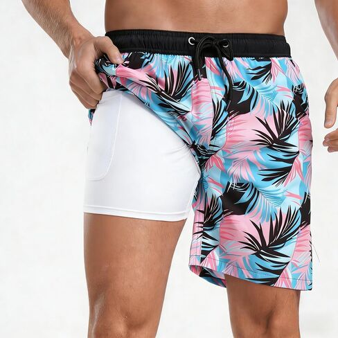 Men's 2 in 1 Beach Swim Trunks Quick Dry Drawstring Waist Summer Casual Shorts in Kuwait