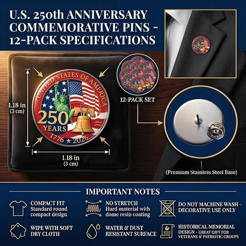 250th Anniversary USA Lapel Pin, 12 PCS American Patriotic Pins for 4th of July, Bulk USA 250th Anniversary Merchandise, America 250th Birthday Gift for Men & Women, Memorial Pins for Hat and Suit in Saudi Arabia