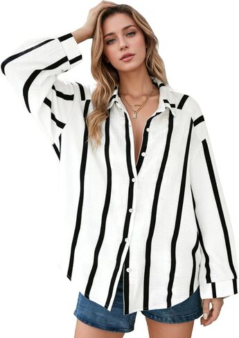 Women’s Long Sleeve Striped Shirt Button Down Loose Fit Top - Casual Wear Stylish Going Out Blouse in Saudi Arabia