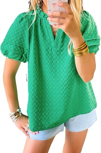 TinyCribz Women's Bright Green Textured Puff Short Sleeve Notched V Neck Top in Saudi Arabia