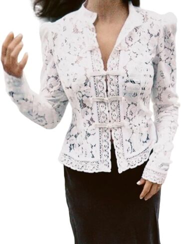 Women Floral Lace Long Sleeve Shirt Button-Down Slim Fit Elegant Fall Sheer Blouse Tops in Saudi Arabia