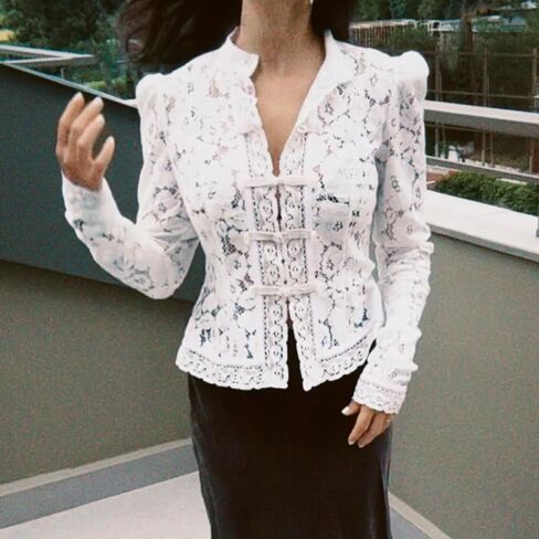 Women Floral Lace Long Sleeve Shirt Button-Down Slim Fit Elegant Fall Sheer Blouse Tops in Saudi Arabia