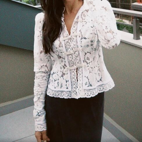 Women Floral Lace Long Sleeve Shirt Button-Down Slim Fit Elegant Fall Sheer Blouse Tops in Saudi Arabia