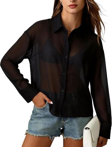 Flygo Women's Sheer Tops Sexy Long Sleeve Button Up Cropped Shirts Loose Collared See Through Blouse Casual Beach Cover Up in Kuwait
