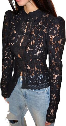 Women Floral Lace Long Sleeve Shirt Button-Down Slim Fit Elegant Fall Sheer Blouse Tops in Saudi Arabia