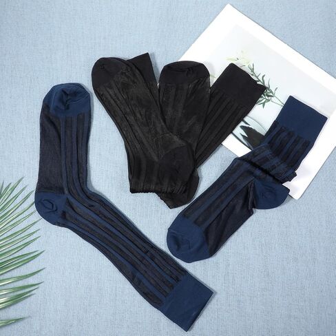 2Pairs Silk Sheer Socks Men, Middle Calf Wide Striped Sheer Nylon Stockings Dress Shoe Socks Formal Suit See Through Silk Sock in Saudi Arabia