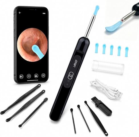 Ear Wax Removal, Ear Wax Removal Kit Tools with 6 LED Lights/IP67 Waterproof Lens/8 Traditional, Ear Cleaner with Camera 1080P HD USB Rechargeable Ear Picker Cleaning kit Black in Saudi Arabia