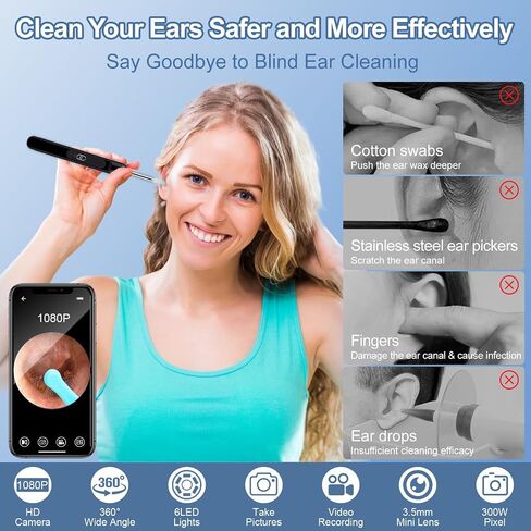 Ear Wax Removal, Ear Wax Removal Kit Tools with 6 LED Lights/IP67 Waterproof Lens/8 Traditional, Ear Cleaner with Camera 1080P HD USB Rechargeable Ear Picker Cleaning kit Black in Saudi Arabia
