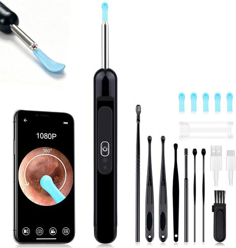 Ear Wax Removal, Ear Wax Removal Kit Tools with 6 LED Lights/IP67 Waterproof Lens/8 Traditional, Ear Cleaner with Camera 1080P HD USB Rechargeable Ear Picker Cleaning kit Black in Saudi Arabia