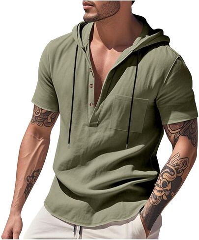 Mens Cotton Linen Hoodies Sun Protection Lightweight Beach Shirt Quarter Button Down Short Sleeve Summer Workout Tees in Kuwait