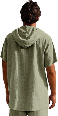 Mens Cotton Linen Hoodies Sun Protection Lightweight Beach Shirt Quarter Button Down Short Sleeve Summer Workout Tees in Kuwait