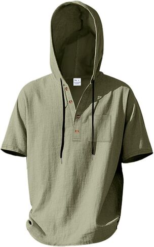 Mens Cotton Linen Hoodies Sun Protection Lightweight Beach Shirt Quarter Button Down Short Sleeve Summer Workout Tees in Kuwait