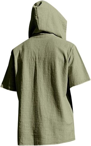 Mens Cotton Linen Hoodies Sun Protection Lightweight Beach Shirt Quarter Button Down Short Sleeve Summer Workout Tees in Kuwait