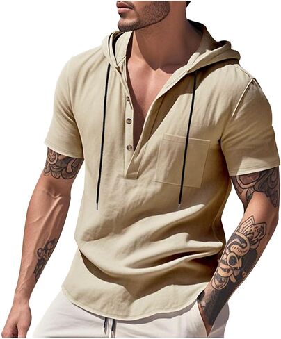 Mens Cotton Linen Hoodies Sun Protection Lightweight Beach Shirt Quarter Button Down Short Sleeve Summer Workout Tees in Kuwait