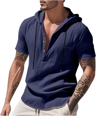 Mens Cotton Linen Hoodies Sun Protection Lightweight Beach Shirt Quarter Button Down Short Sleeve Summer Workout Tees in Kuwait