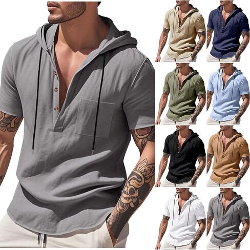 Mens Cotton Linen Hoodies Sun Protection Lightweight Beach Shirt Quarter Button Down Short Sleeve Summer Workout Tees in Kuwait