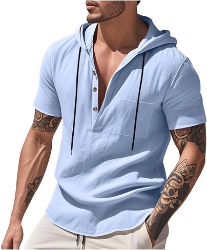 Mens Cotton Linen Hoodies Sun Protection Lightweight Beach Shirt Quarter Button Down Short Sleeve Summer Workout Tees in Kuwait