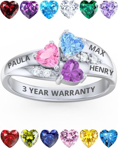 PaulaMax Jewelry Mothers Ring with 3 Birthstones, Custom Engraved Birthstone Ring for Women in Sterling Silver or White Gold – Personalized 3 Heart Birthstones, Sizes 5-12 in Kuwait