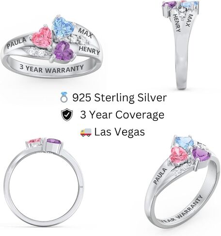 PaulaMax Jewelry Mothers Ring with 3 Birthstones, Custom Engraved Birthstone Ring for Women in Sterling Silver or White Gold – Personalized 3 Heart Birthstones, Sizes 5-12 in Kuwait