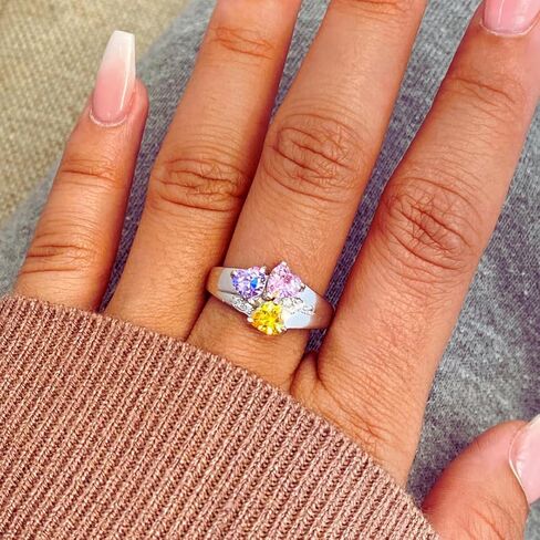 PaulaMax Jewelry Mothers Ring with 3 Birthstones, Custom Engraved Birthstone Ring for Women in Sterling Silver or White Gold – Personalized 3 Heart Birthstones, Sizes 5-12 in Kuwait