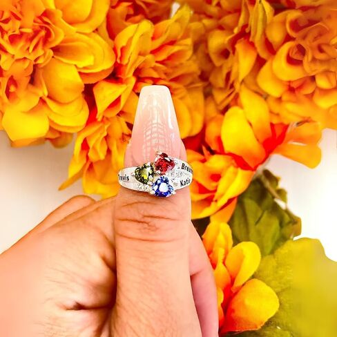 PaulaMax Jewelry Mothers Ring with 3 Birthstones, Custom Engraved Birthstone Ring for Women in Sterling Silver or White Gold – Personalized 3 Heart Birthstones, Sizes 5-12 in Kuwait