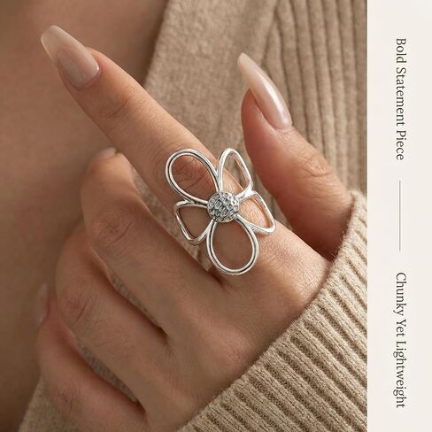 2 Pcs Thumb Rings for Women, Chunky Hollow Flower Ring, Two-Tone Gold & Silver Color Statement Rings, Adjustable Open Band, Minimalist Aesthetic Jewelry Gift (Daisy Design, 2 Pack in Saudi Arabia
