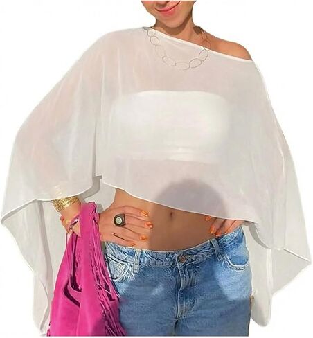 Women Sheer Mesh Poncho Top One Shoulder See Through Cape Blouse Asymmetrical Cover Up Beach Party Shrug Top in Saudi Arabia