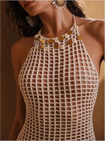بدلة سباحة نسائية من الكروشيه من MakeMeChic تغطي رسن شفاف مجوف من الخلف مفتوح من الخلف بشراشيب على الشاطئ in Kuwait