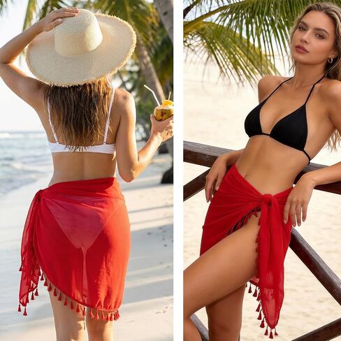 Nydotd Tassel Beach Sarong Cover Up for Women - Sheer Chiffon Swimwear Wrap Skirt Bikini Pareo for Vacation, Pool, Cruise in Kuwait