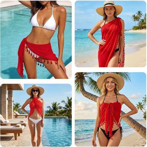 Nydotd Tassel Beach Sarong Cover Up for Women - Sheer Chiffon Swimwear Wrap Skirt Bikini Pareo for Vacation, Pool, Cruise in Kuwait