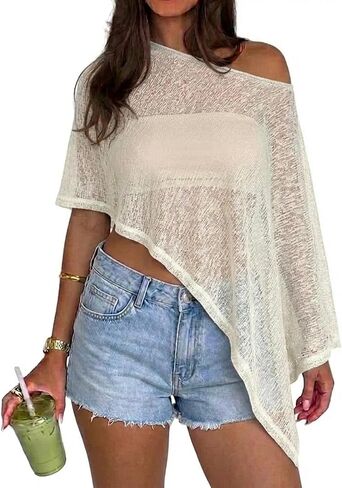 Sheer Poncho Top for Women, Lightweight Knit Going Out Top, Off Shoulder Asymmetric Beach Cover Up in Saudi Arabia