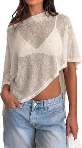 Sheer Poncho Top for Women, Lightweight Knit Going Out Top, Off Shoulder Asymmetric Beach Cover Up in Saudi Arabia