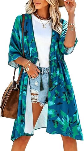 Womens Swimsuit Coverup Casual 3/4 Sleeve Cardigans Swimsuit Summer Beach Cover Ups with Tropical Prints in Saudi Arabia