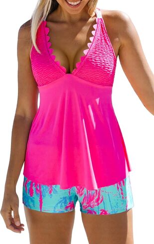Beachsissi Women's Scalloped Hem Swimsuits Smocked Design Tankini Sets in Kuwait