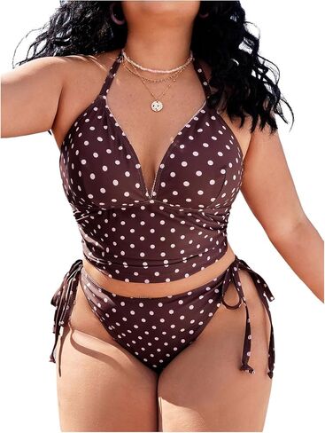 طقم تانكيني نسائي مقاس كبير من MakeMeChic مع ربطة عنق منقطة بدون ظهر بتصميم ريترو Y2K مكون من قطعتين in Kuwait