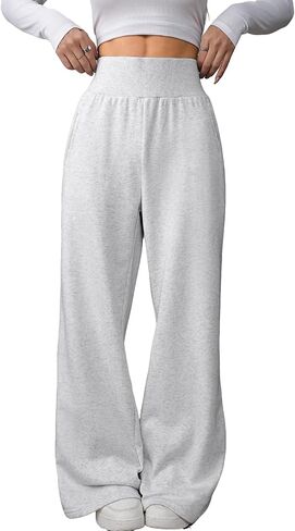 ALSOGO Women's Wide Leg Sweatpants Ribbed High Waist Straight Leg Baggy Lounge Pants Loose Workout Joggers with Pockets in Saudi Arabia
