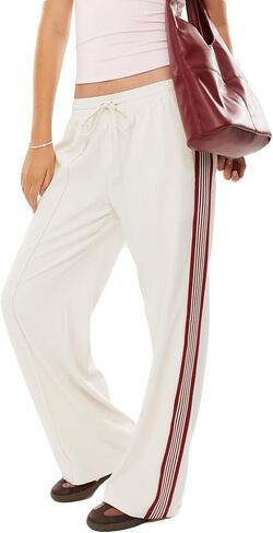 Mxiqqpltky الرباط Sweatpants المرأة عادية الجانب مخطط مرونة الخصر واسعة الساق السراويل الترنك مريح فضفاض رياضي الركض in Kuwait