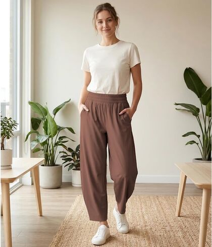 Barrel Pants Women Baggy Wide Leg Elastic Waisted Sweatpants Athletic Clothes Lounge Palazzo Trousers with Pockets(Dark-Brown,S) in Saudi Arabia