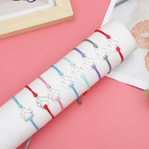 NEWITIN 16 Pieces Paw Print Bracelets for Women Handmade Adjustable Strings Stainless Steel Cat Dog Bracelets Family Friend Couple Jewelry for Women Men in Kuwait