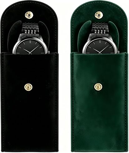 Travel Watch Pouch 2 Pack (Black & Green) Soft Protective Watch Travel Case for Men & Women, Prevent Scratches in Luggage, Snap Closure, Fits Most Watches, Gift Ready in Saudi Arabia