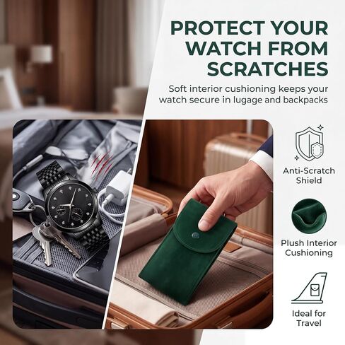 Travel Watch Pouch 2 Pack (Black & Green) Soft Protective Watch Travel Case for Men & Women, Prevent Scratches in Luggage, Snap Closure, Fits Most Watches, Gift Ready in Saudi Arabia