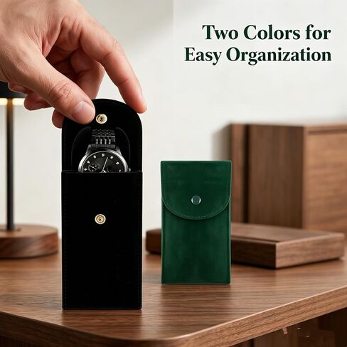 Travel Watch Pouch 2 Pack (Black & Green) Soft Protective Watch Travel Case for Men & Women, Prevent Scratches in Luggage, Snap Closure, Fits Most Watches, Gift Ready in Saudi Arabia