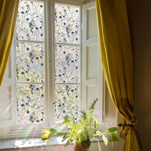 Alwayspon 39.37x16.92inch Non-Adhesive UV Rainbow Window Privacy Film, Orange Blue Floral Stained Glass Window Film, Static Cling Sticker for Home Room Bathroom Glass Door in Saudi Arabia