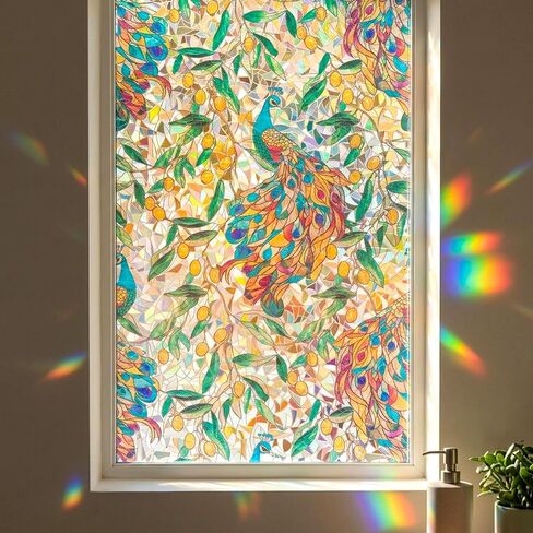 Stained Glass Privacy Window Film Decorative Etched 3D Prism Peacock Static Cling Sliding Door Tints Heat Control Anti UV Resuable No Glue Cover Sticker,17.5" x 78.7" in Saudi Arabia