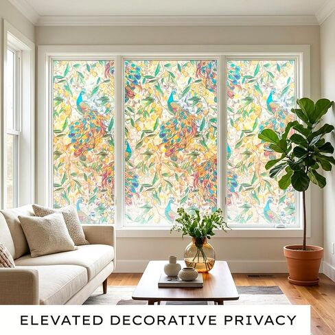 Stained Glass Privacy Window Film Decorative Etched 3D Prism Peacock Static Cling Sliding Door Tints Heat Control Anti UV Resuable No Glue Cover Sticker,17.5" x 78.7" in Saudi Arabia