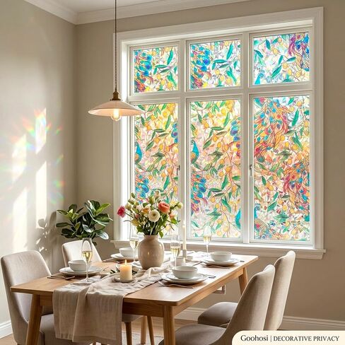 Stained Glass Privacy Window Film Decorative Etched 3D Prism Peacock Static Cling Sliding Door Tints Heat Control Anti UV Resuable No Glue Cover Sticker,17.5" x 78.7" in Saudi Arabia