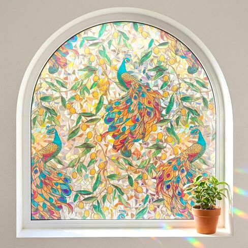 Stained Glass Privacy Window Film Decorative Etched 3D Prism Peacock Static Cling Sliding Door Tints Heat Control Anti UV Resuable No Glue Cover Sticker,17.5" x 78.7" in Saudi Arabia
