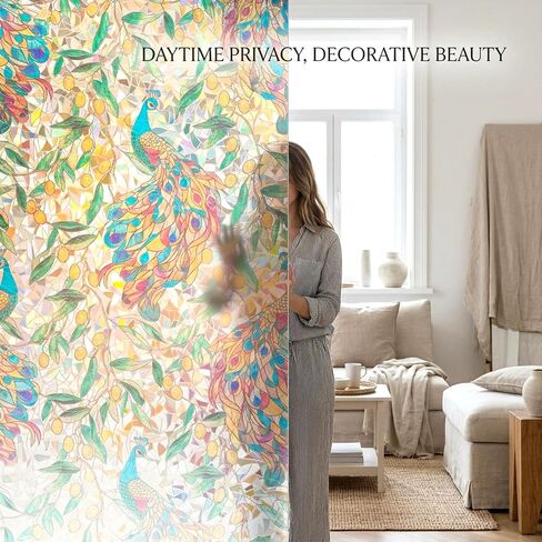 Stained Glass Privacy Window Film Decorative Etched 3D Prism Peacock Static Cling Sliding Door Tints Heat Control Anti UV Resuable No Glue Cover Sticker,17.5" x 78.7" in Saudi Arabia